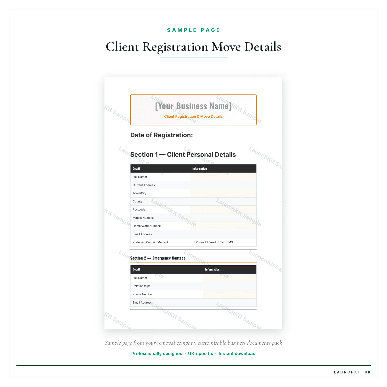 Client Registration & Move Details sample page from the Removal Company Business Documents — Customisable pack — watermarked LaunchKit Sample