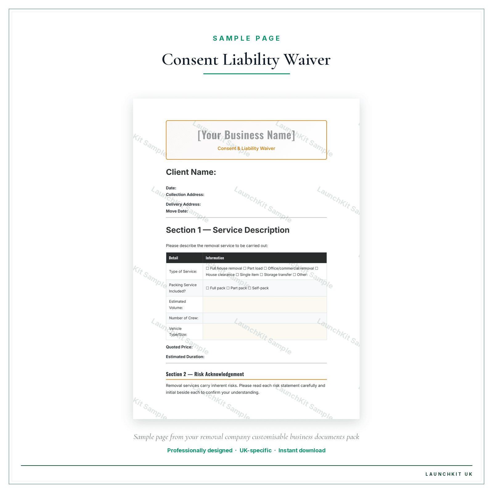 Consent & Liability Waiver sample page from the Removal Company Business Documents — Customisable pack — watermarked LaunchKit Sample