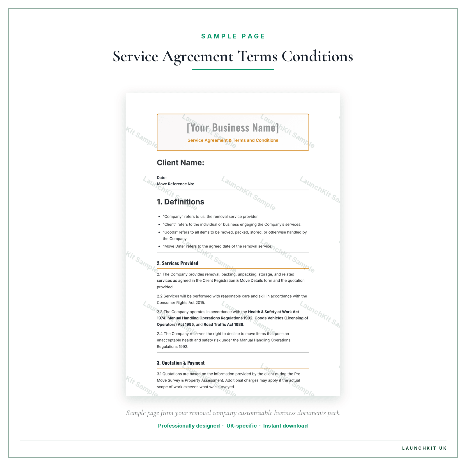 Service Agreement & Terms and Conditions sample page from the Removal Company Business Documents — Customisable pack — watermarked LaunchKit Sample