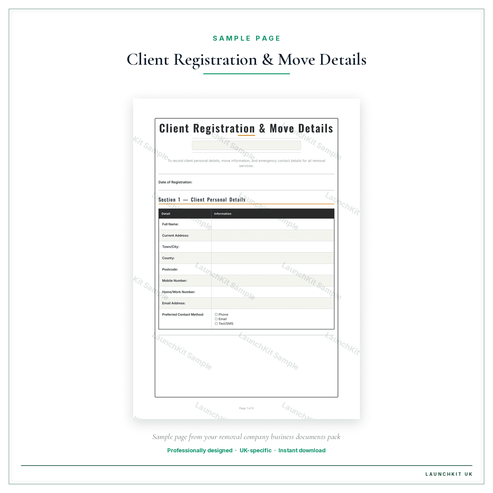 Client Registration & Move Details sample page from the Removal Company Business Documents — Essential pack — watermarked LaunchKit Sample