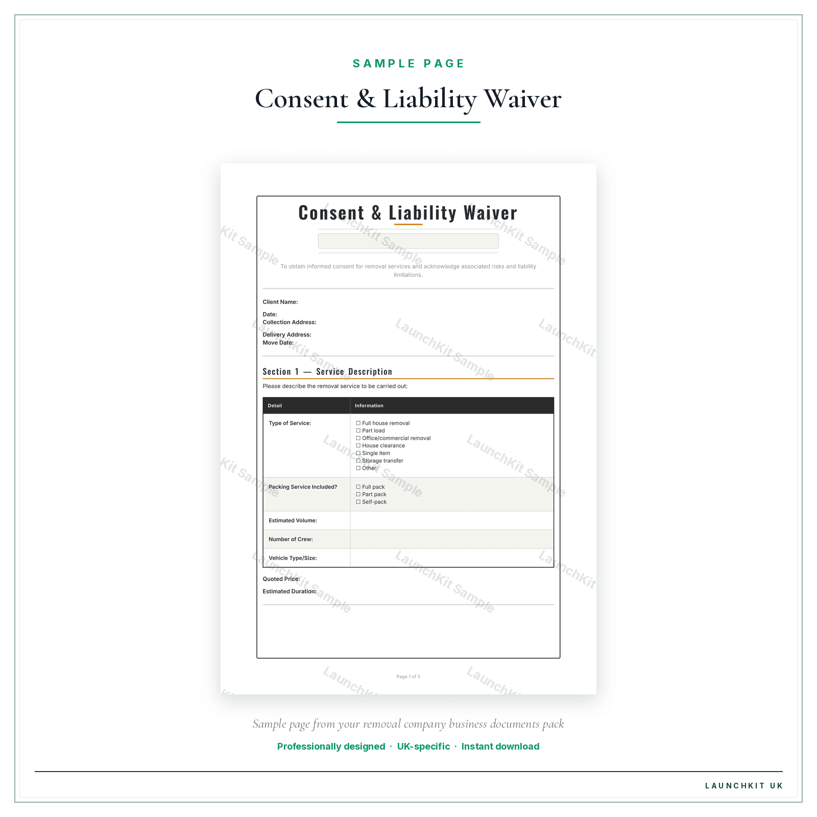 Consent & Liability Waiver sample page from the Removal Company Business Documents — Essential pack — watermarked LaunchKit Sample