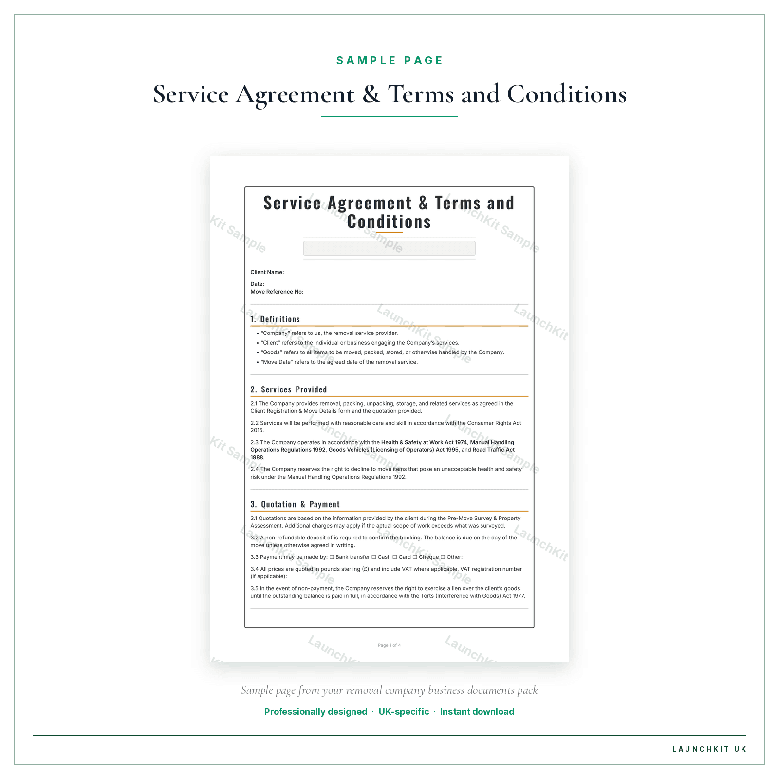 Service Agreement & Terms and Conditions sample page from the Removal Company Business Documents — Essential pack — watermarked LaunchKit Sample