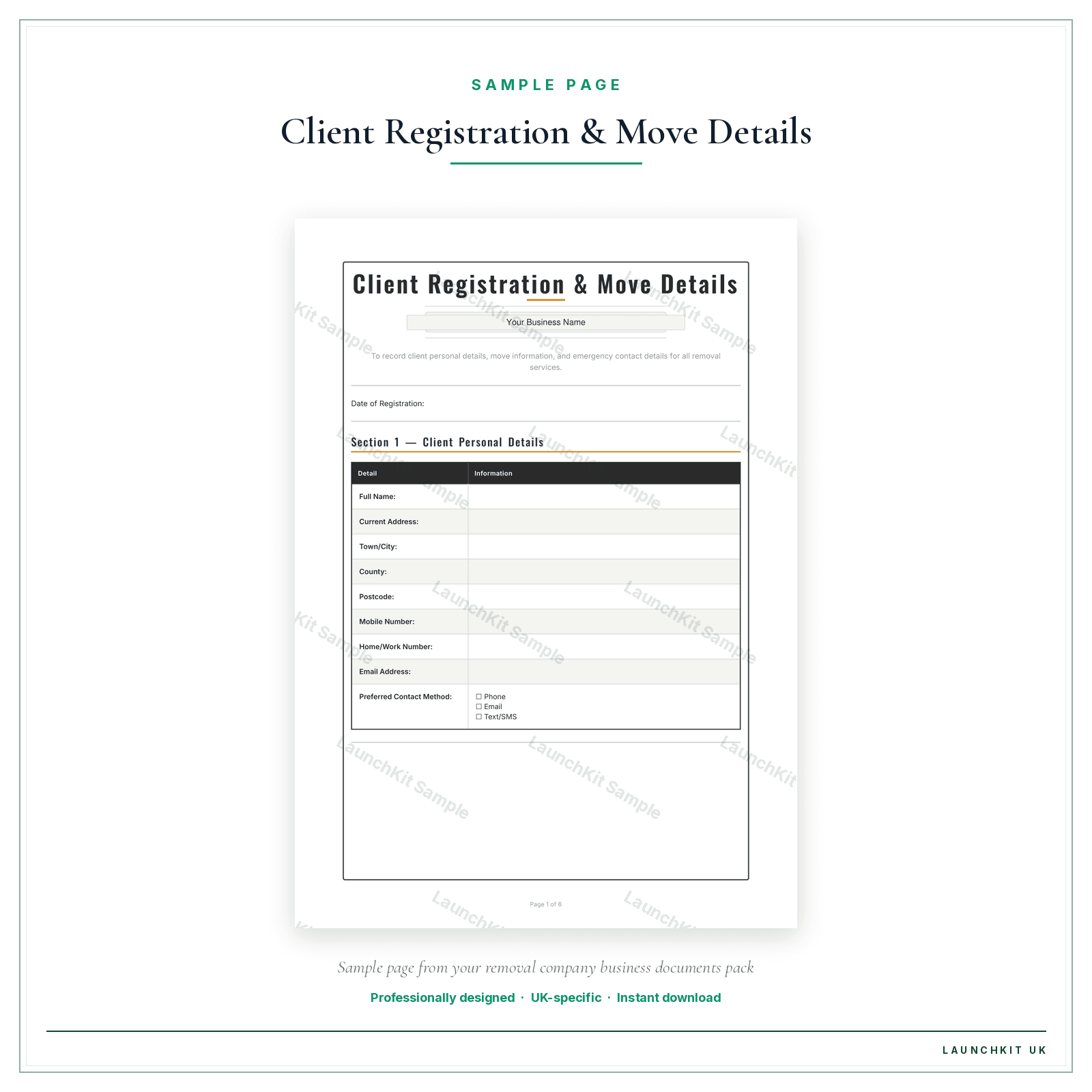 Client Registration & Move Details sample page from the Removal Company Business Documents — Standard pack — watermarked LaunchKit Sample