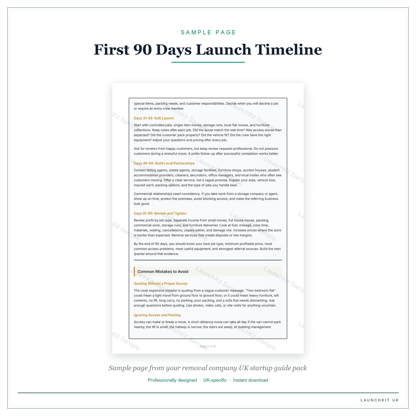 First 90 Days Launch Timeline sample page from the Removal Company Startup Guide pack — watermarked LaunchKit Sample
