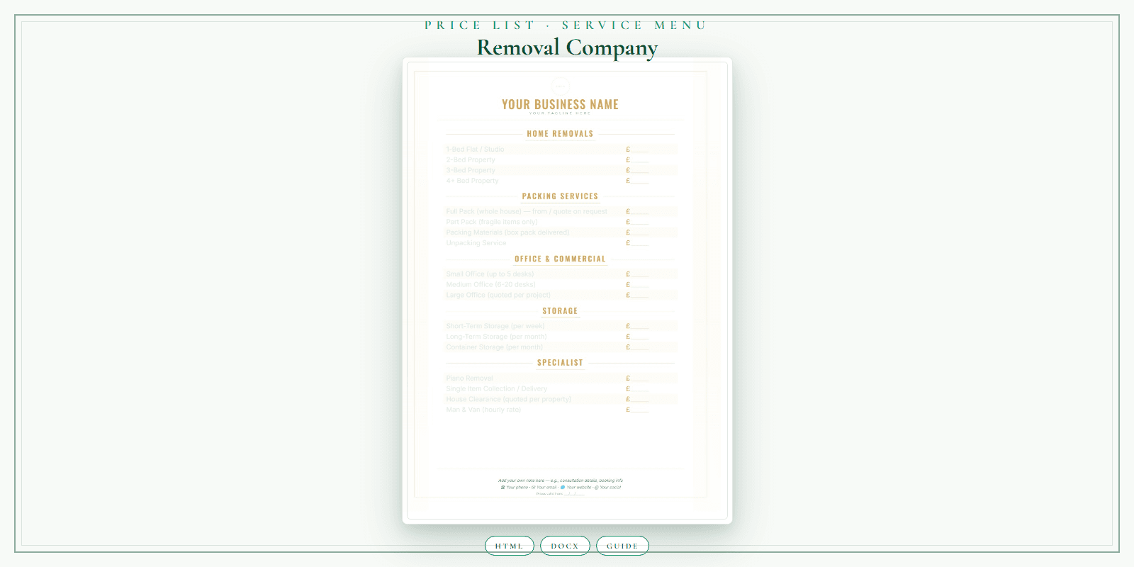 Removal Company — Price List & Service Menu, PDF product overview