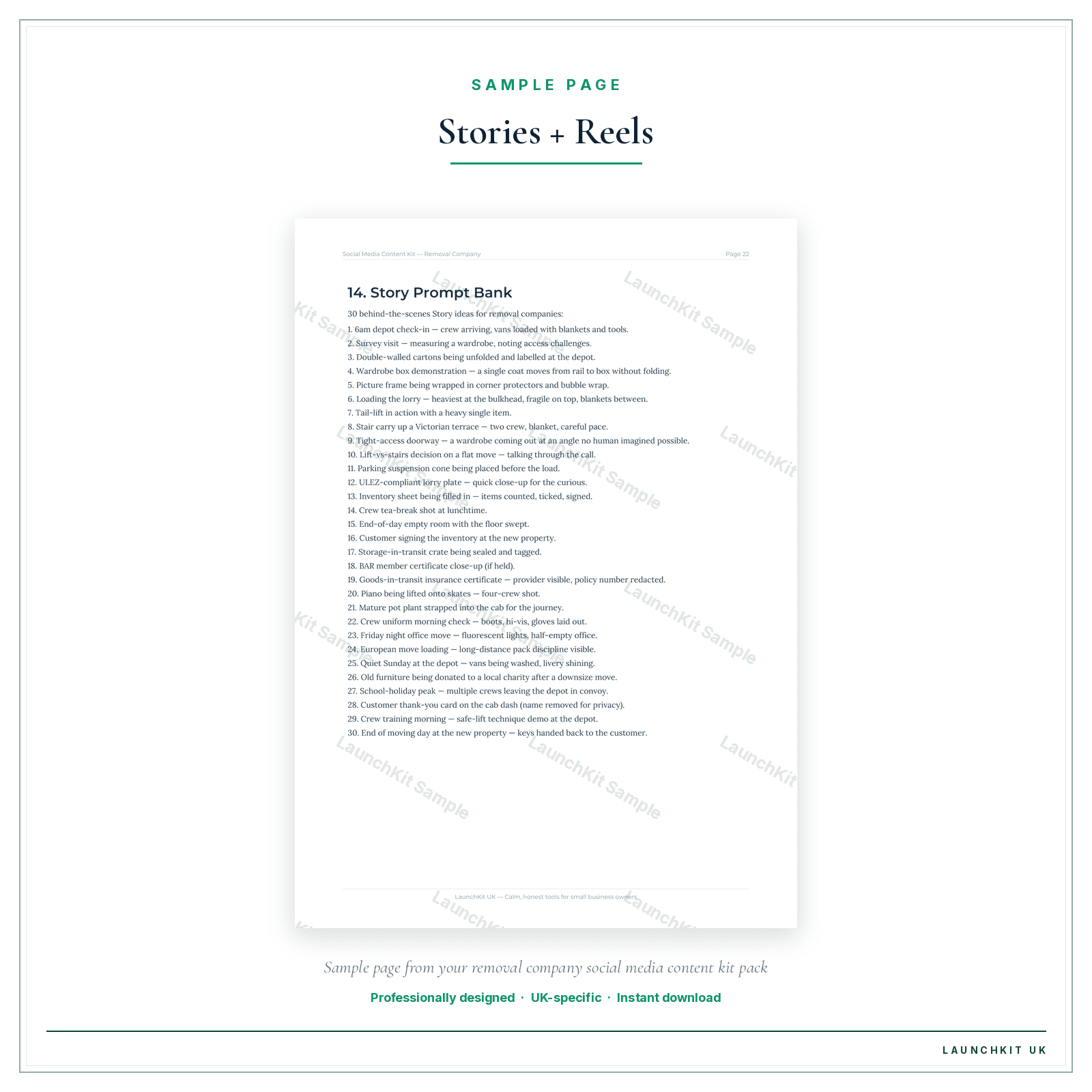 Stories + Reels sample page from the Removal Company Social Media Content Kit pack — watermarked LaunchKit Sample