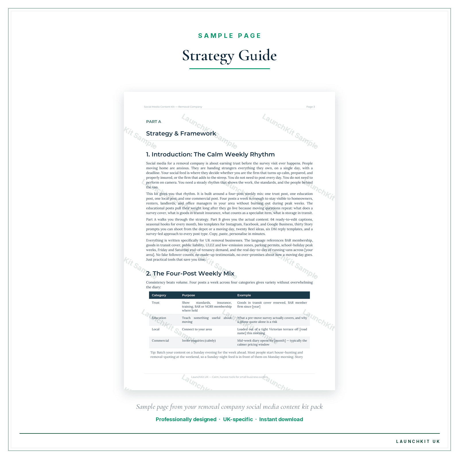 Strategy Guide sample page from the Removal Company Social Media Content Kit pack — watermarked LaunchKit Sample