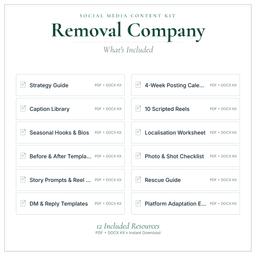 Removal Company — Social Media Content Kit, PDF and editable DOCX what's included preview