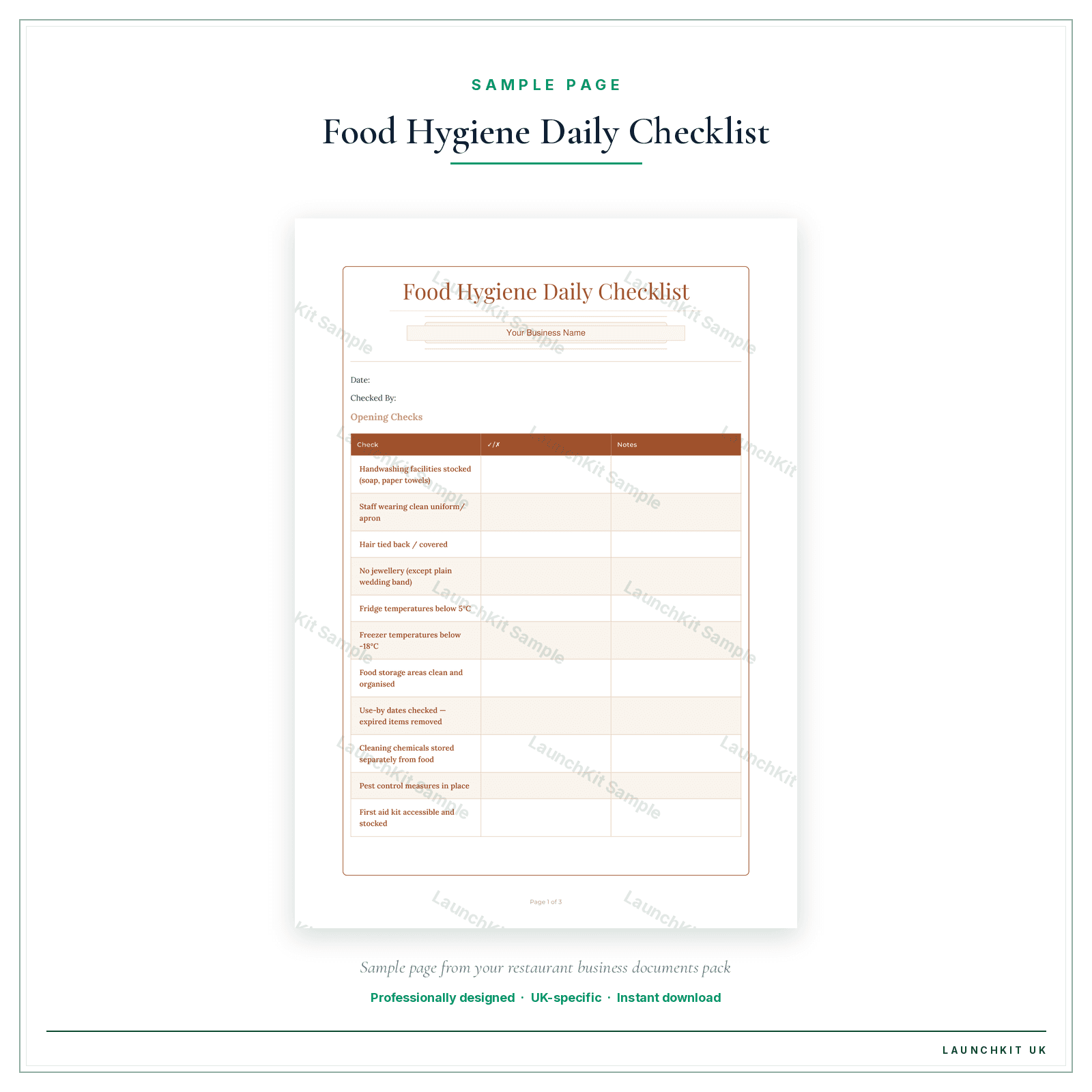 Food Hygiene Daily Checklist sample page from the Restaurant Business Documents — Premium pack — watermarked LaunchKit Sample