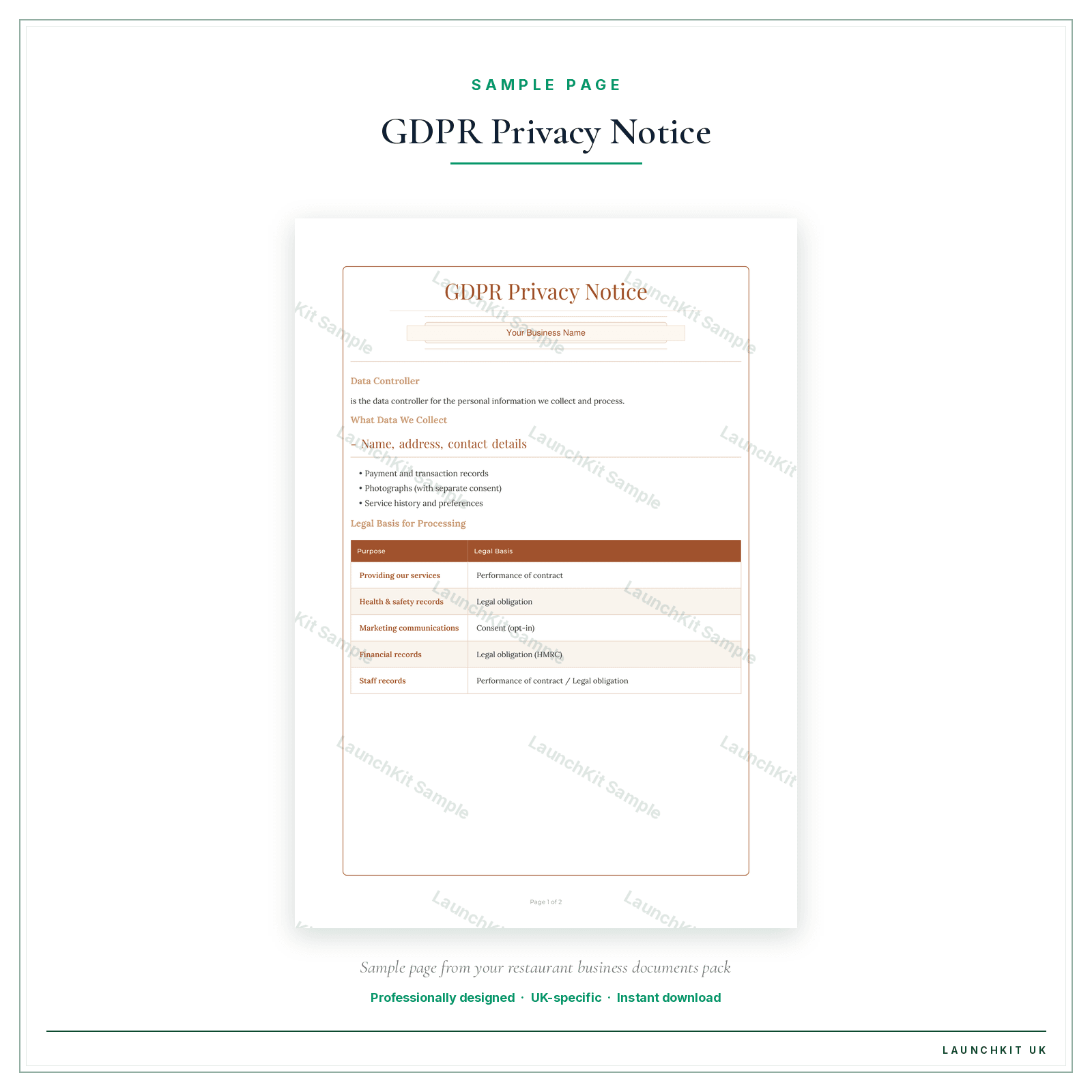 GDPR Privacy Notice sample page from the Restaurant Business Documents — Premium pack — watermarked LaunchKit Sample