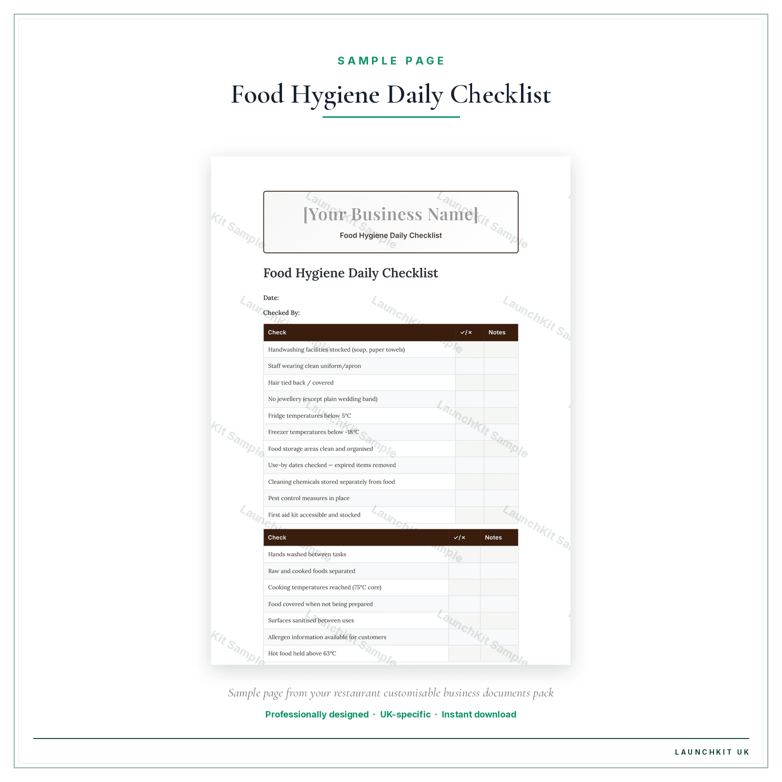 Food Hygiene Daily Checklist sample page from the Restaurant Business Documents — Customisable pack — watermarked LaunchKit Sample