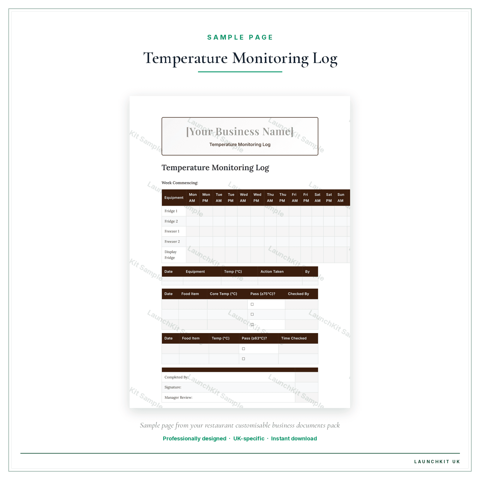 Temperature Monitoring Log sample page from the Restaurant Business Documents — Customisable pack — watermarked LaunchKit Sample