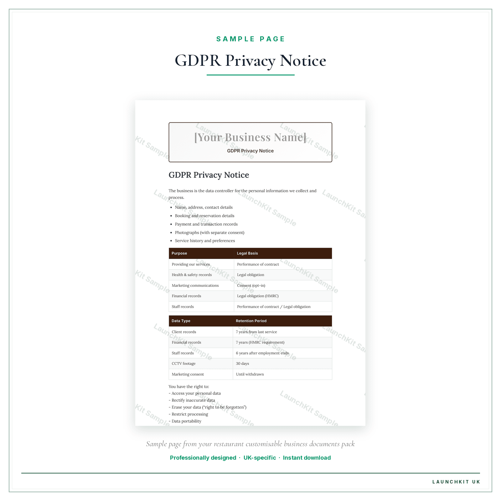 GDPR Privacy Notice sample page from the Restaurant Business Documents — Customisable pack — watermarked LaunchKit Sample