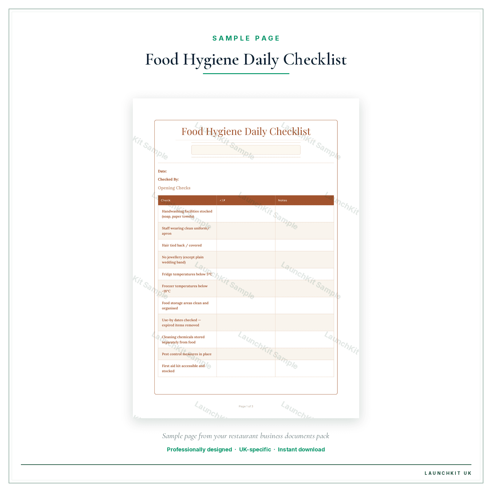 Food Hygiene Daily Checklist sample page from the Restaurant Business Documents — Essential pack — watermarked LaunchKit Sample