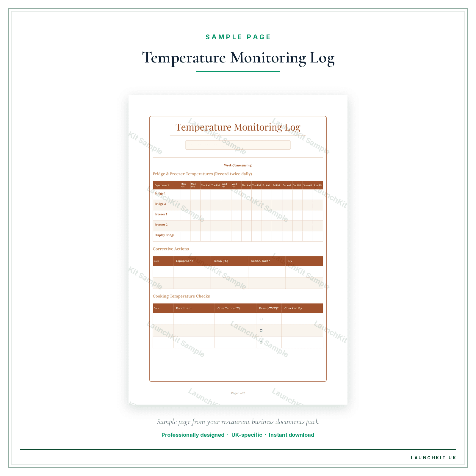 Temperature Monitoring Log sample page from the Restaurant Business Documents — Essential pack — watermarked LaunchKit Sample
