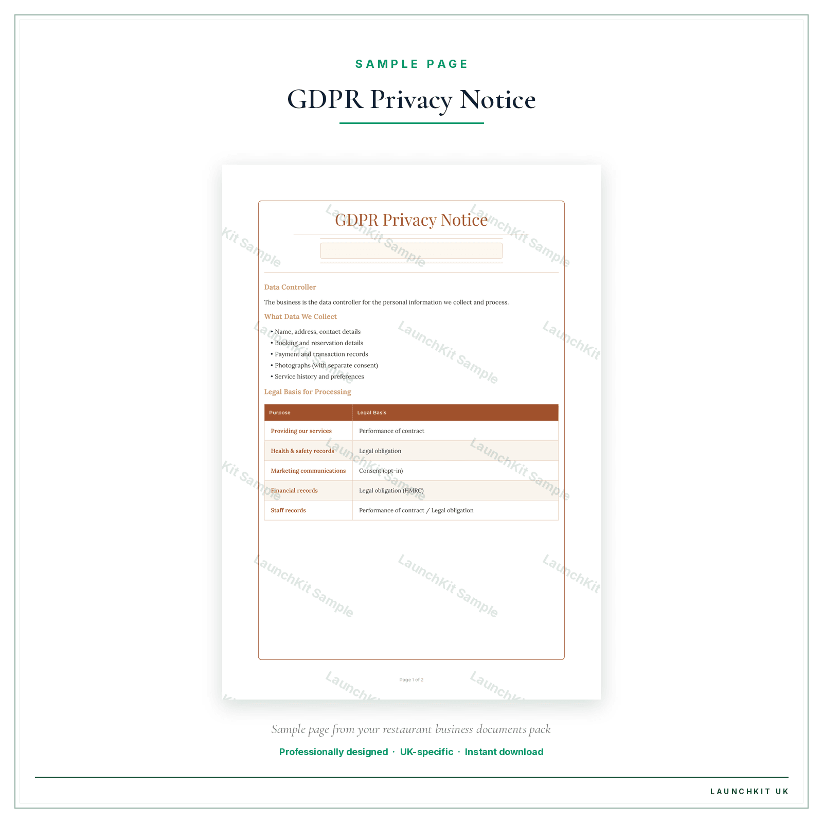 GDPR Privacy Notice sample page from the Restaurant Business Documents — Essential pack — watermarked LaunchKit Sample