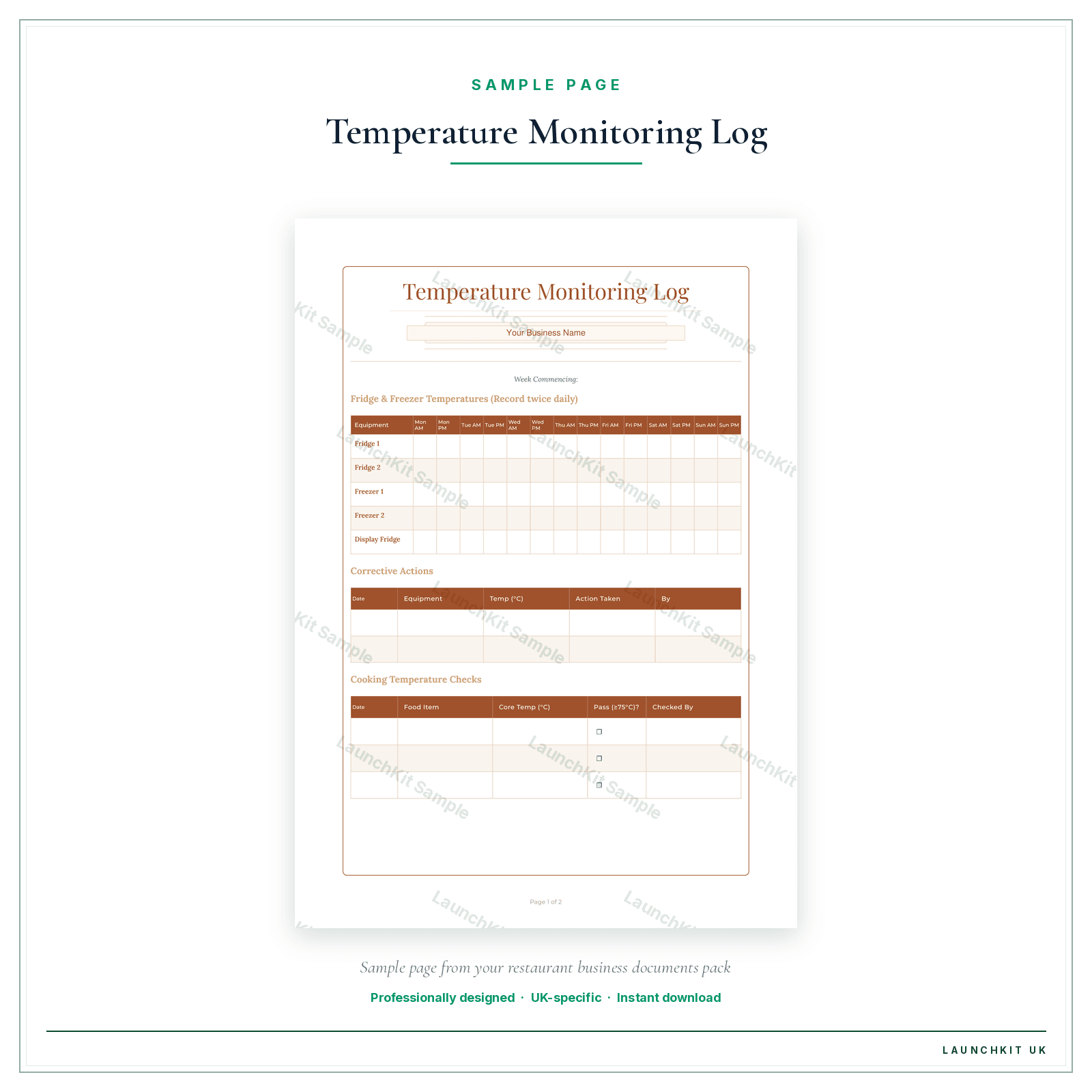 Temperature Monitoring Log sample page from the Restaurant Business Documents — Standard pack — watermarked LaunchKit Sample
