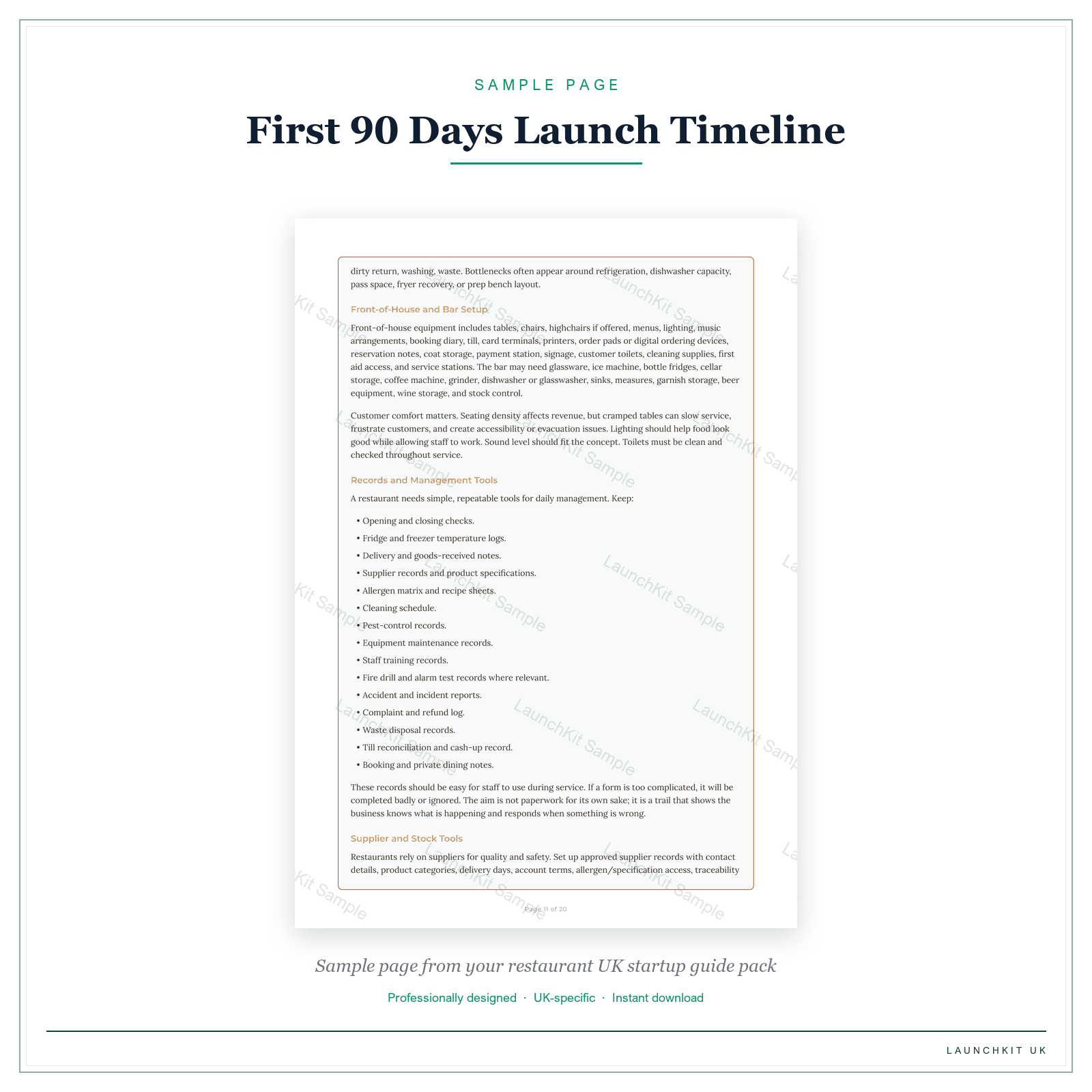 First 90 Days Launch Timeline sample page from the Restaurant Startup Guide pack — watermarked LaunchKit Sample