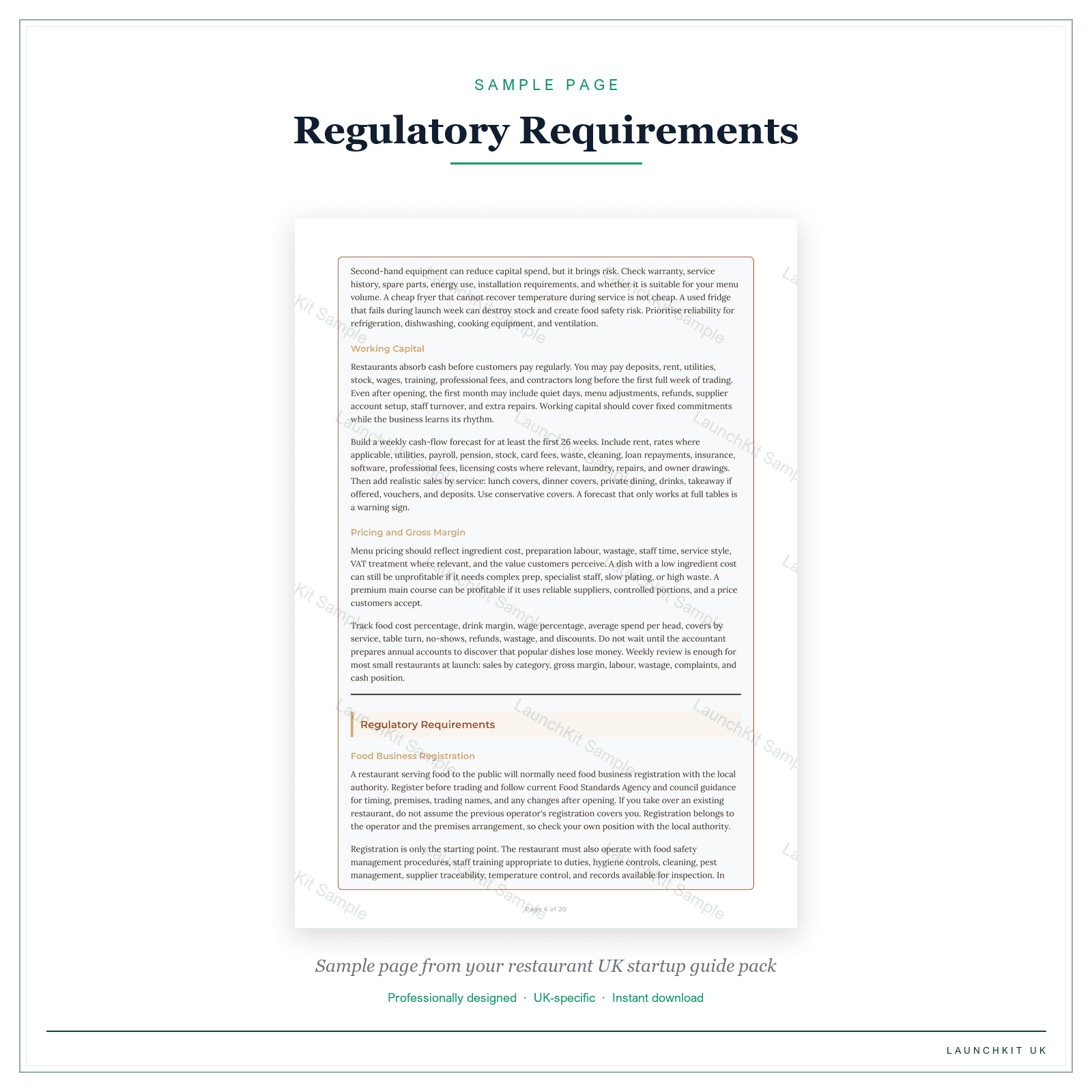 Regulatory Requirements sample page from the Restaurant Startup Guide pack — watermarked LaunchKit Sample