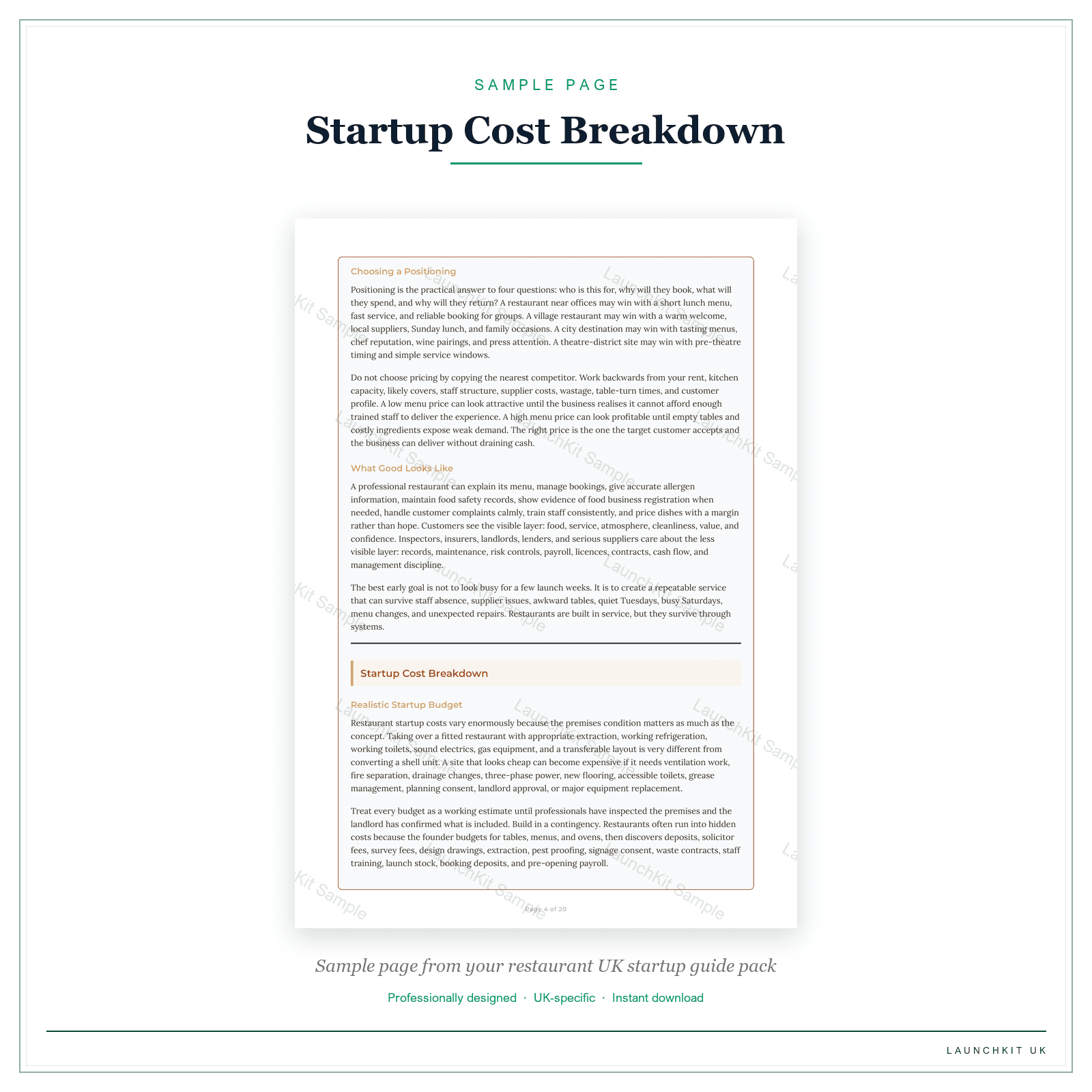 Startup Cost Breakdown sample page from the Restaurant Startup Guide pack — watermarked LaunchKit Sample