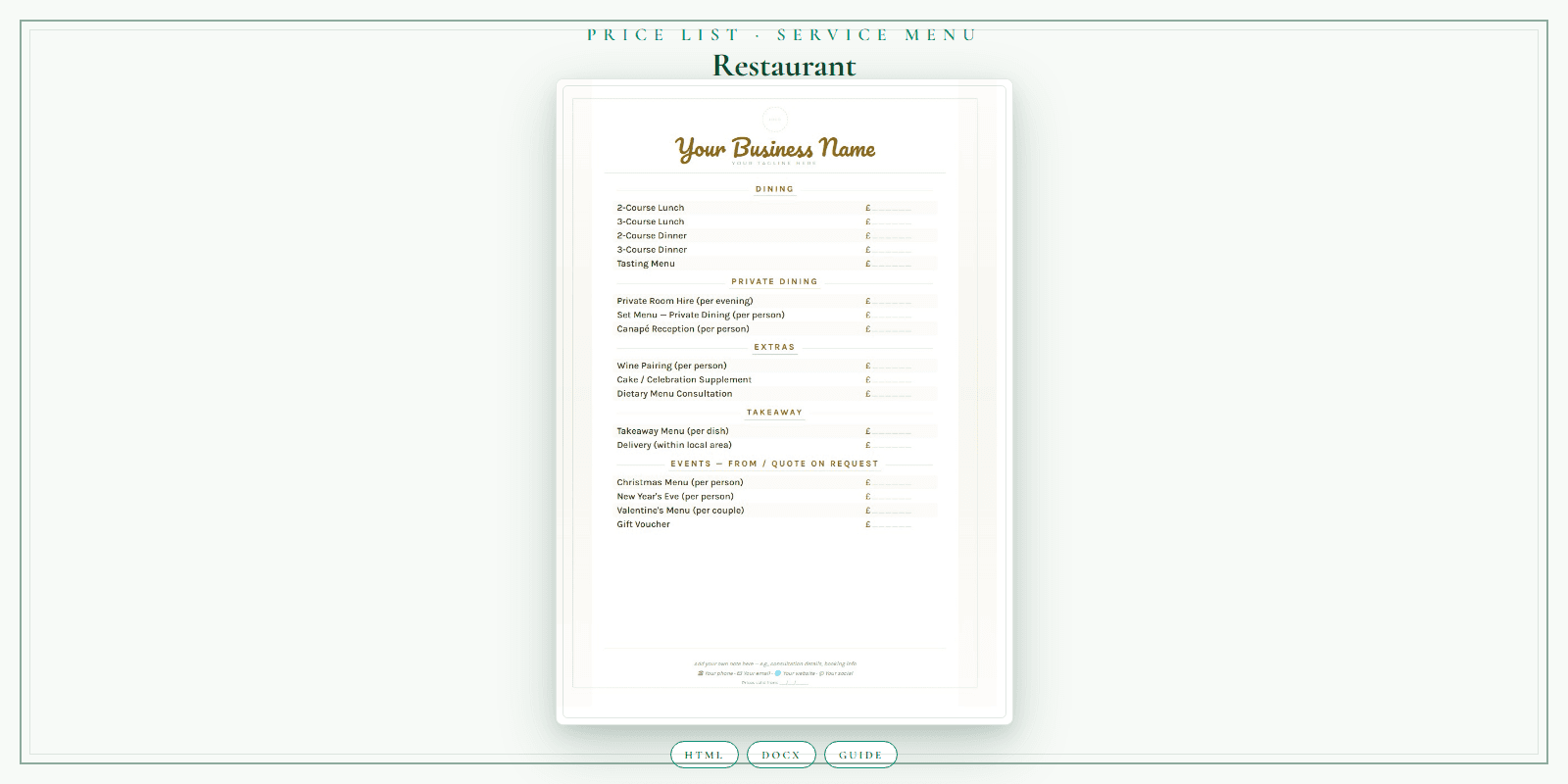 Restaurant — Price List & Service Menu, PDF product overview