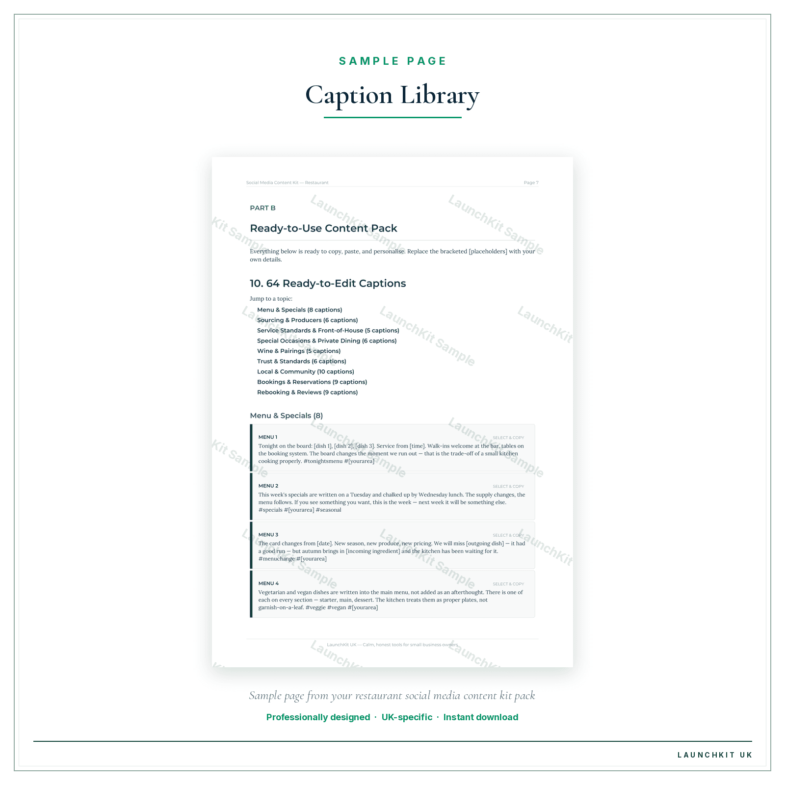 Caption Library sample page from the Restaurant Social Media Content Kit pack — watermarked LaunchKit Sample
