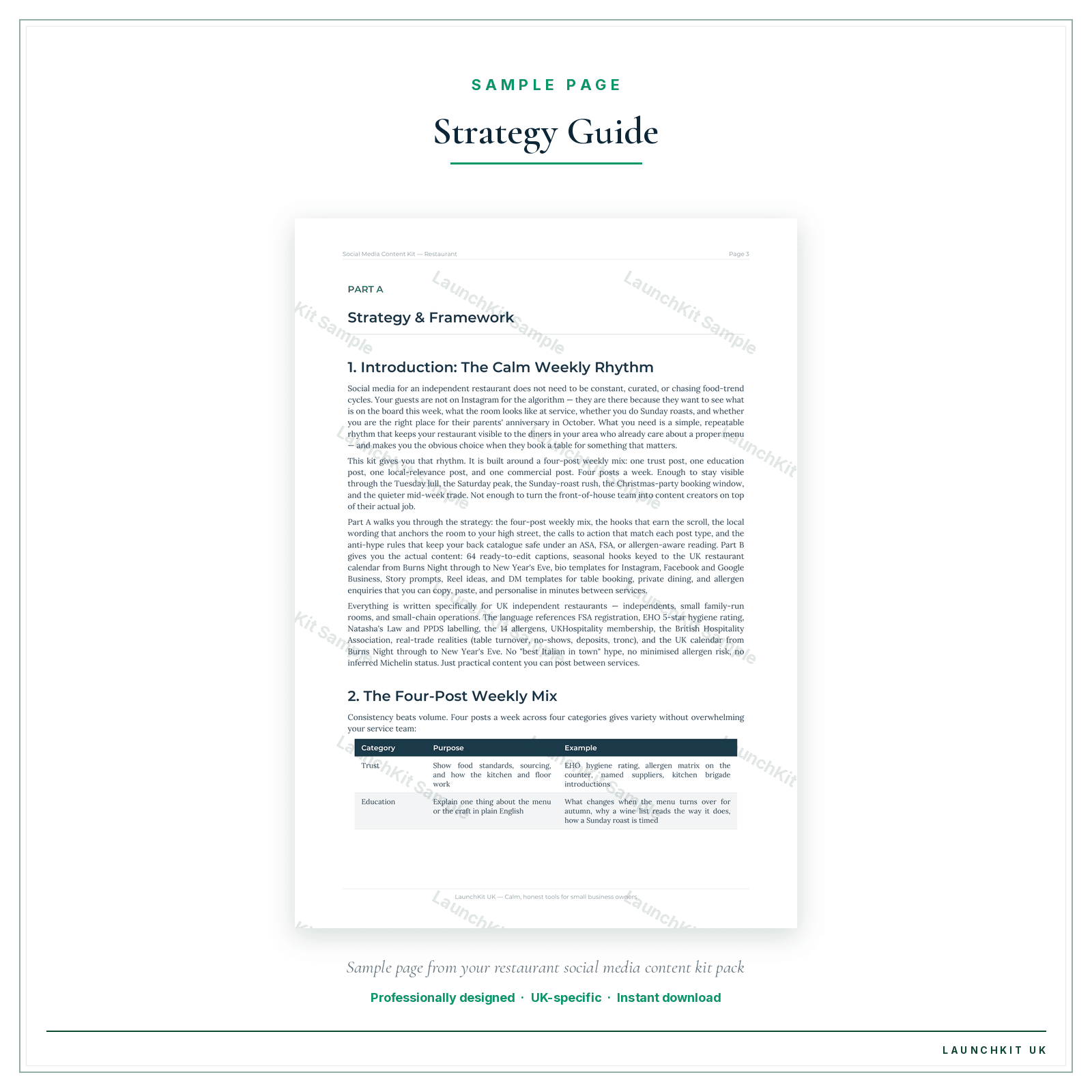 Strategy Guide sample page from the Restaurant Social Media Content Kit pack — watermarked LaunchKit Sample
