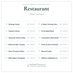 Restaurant — Social Media Content Kit, PDF and editable DOCX what's included preview