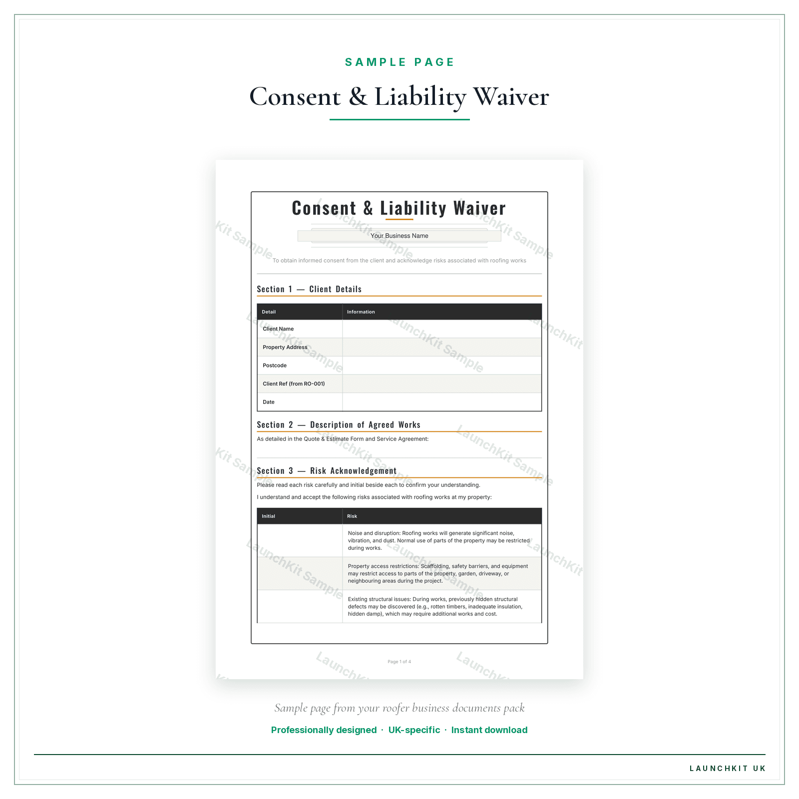 Consent & Liability Waiver sample page from the Roofer Business Documents — Premium pack — watermarked LaunchKit Sample