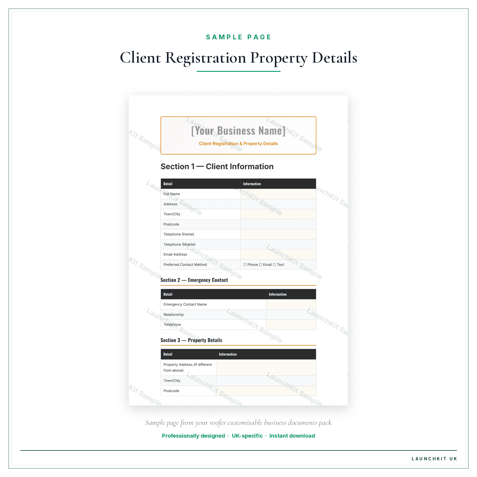 Client Registration & Property Details sample page from the Roofer Business Documents — Customisable pack — watermarked LaunchKit Sample
