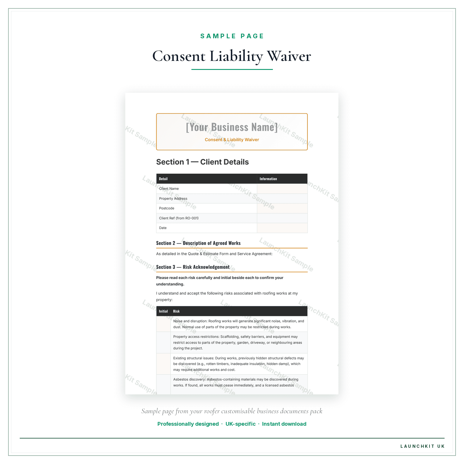 Consent & Liability Waiver sample page from the Roofer Business Documents — Customisable pack — watermarked LaunchKit Sample