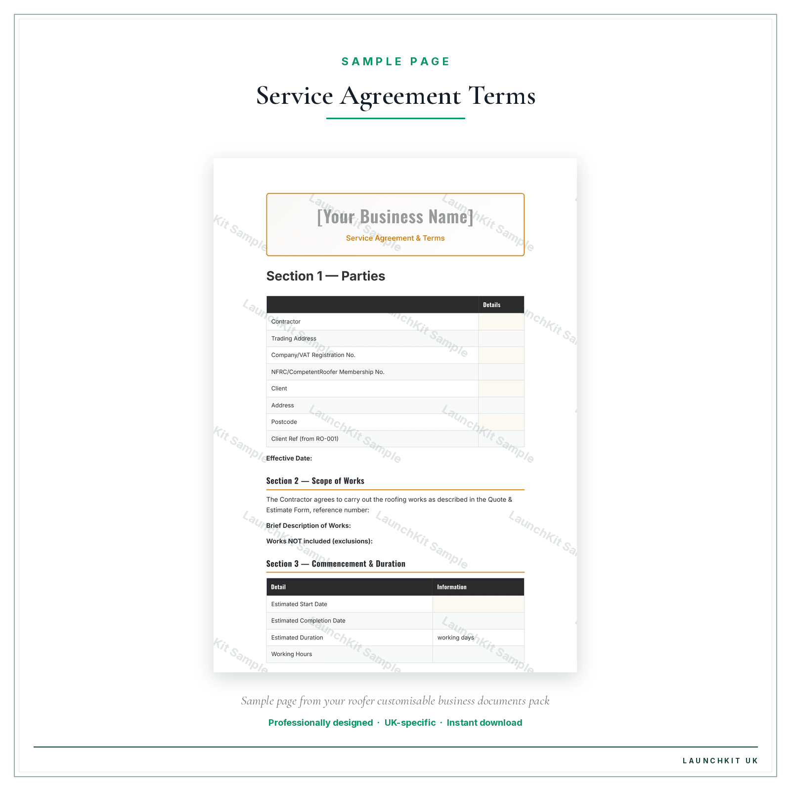 Service Agreement & Terms sample page from the Roofer Business Documents — Customisable pack — watermarked LaunchKit Sample