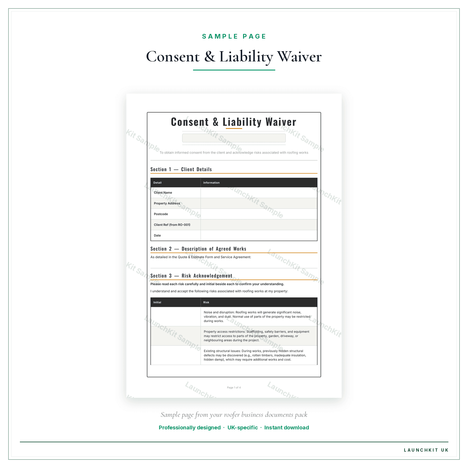 Consent & Liability Waiver sample page from the Roofer Business Documents — Essential pack — watermarked LaunchKit Sample