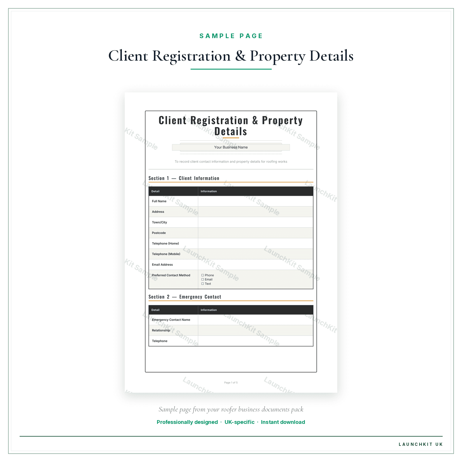 Client Registration & Property Details sample page from the Roofer Business Documents — Standard pack — watermarked LaunchKit Sample