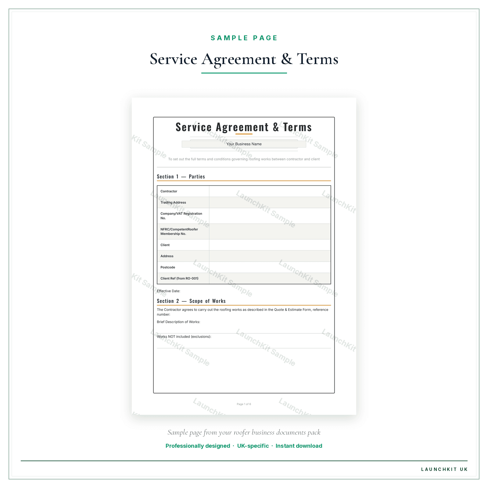Service Agreement & Terms sample page from the Roofer Business Documents — Standard pack — watermarked LaunchKit Sample