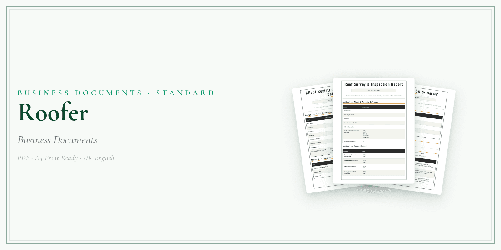 Roofer — Business Documents — Standard, PDF with fillable header product overview