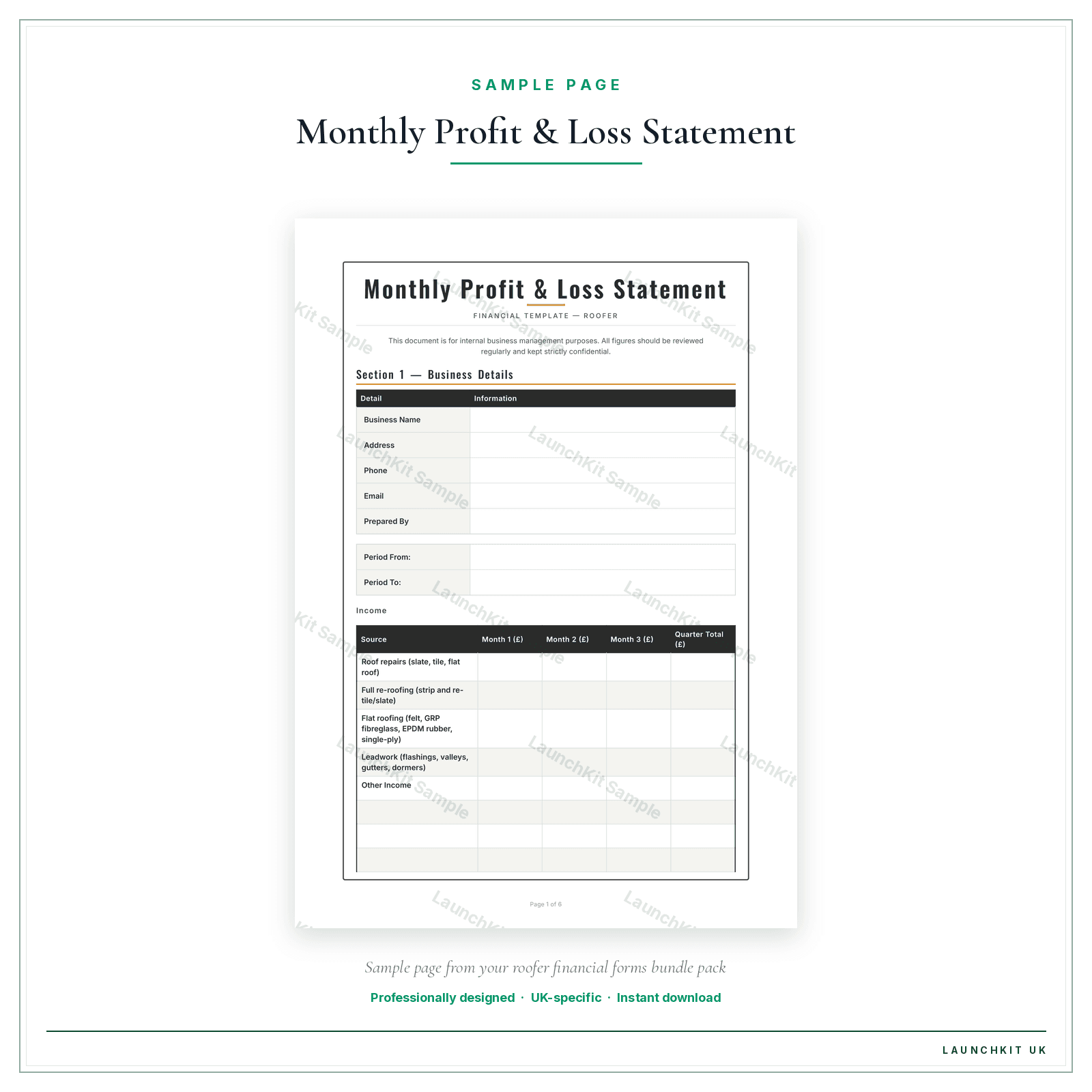 Monthly Profit & Loss Statement sample page from the Roofer Financial Forms Bundle — Premium pack — watermarked LaunchKit Sample