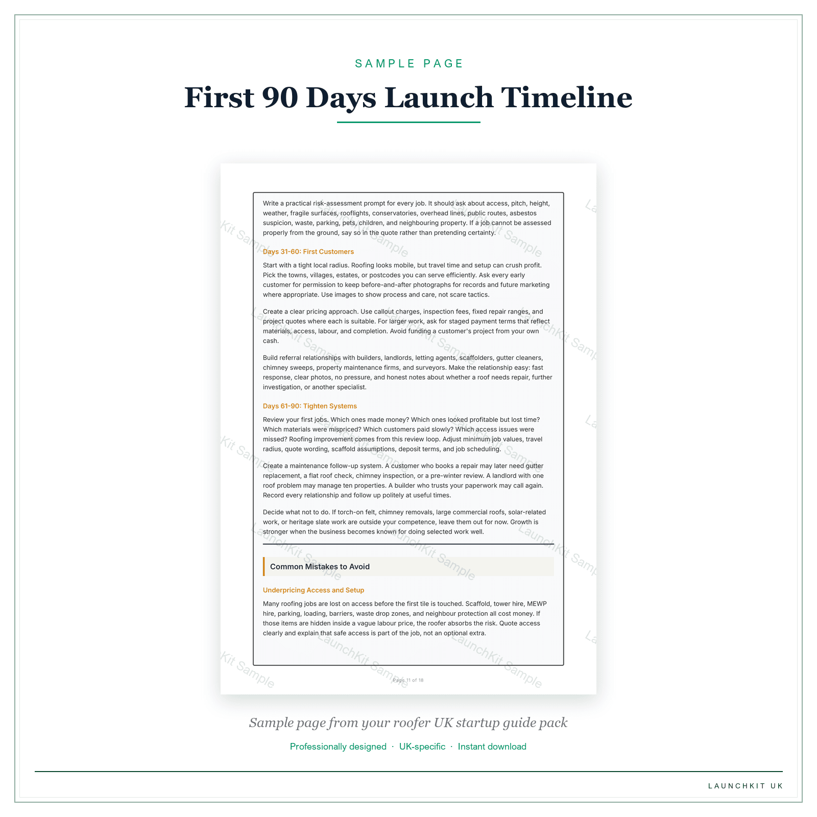 First 90 Days Launch Timeline sample page from the Roofer Startup Guide pack — watermarked LaunchKit Sample