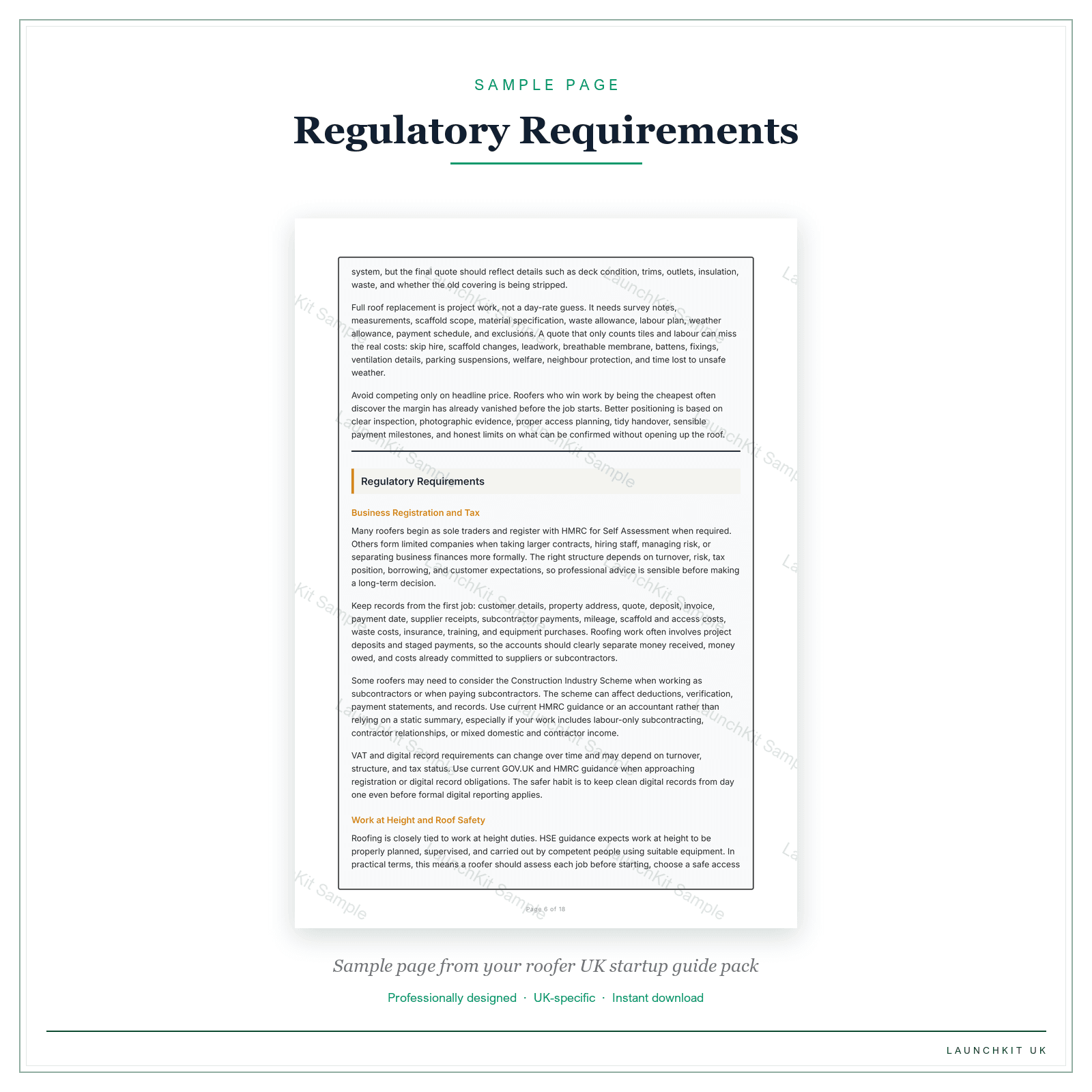 Regulatory Requirements sample page from the Roofer Startup Guide pack — watermarked LaunchKit Sample