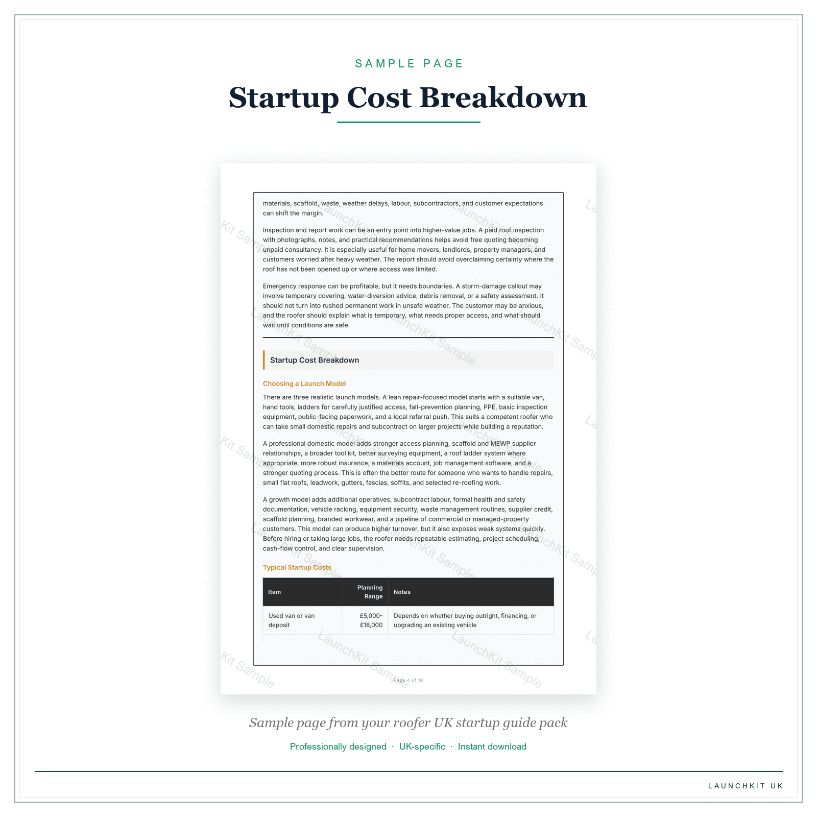 Startup Cost Breakdown sample page from the Roofer Startup Guide pack — watermarked LaunchKit Sample
