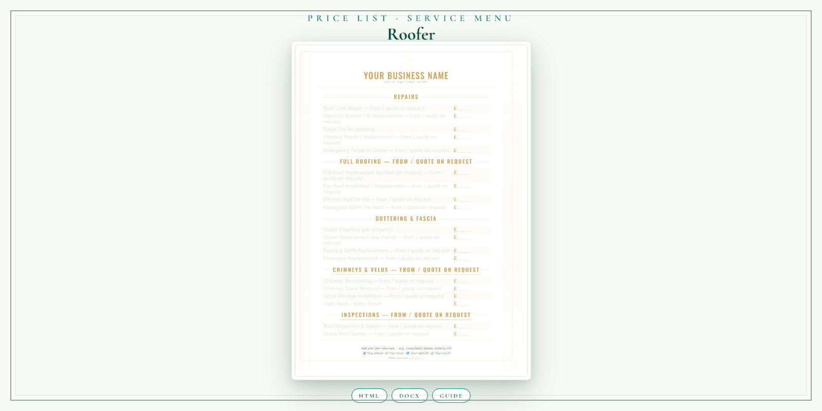 Roofer — Price List & Service Menu, PDF product overview