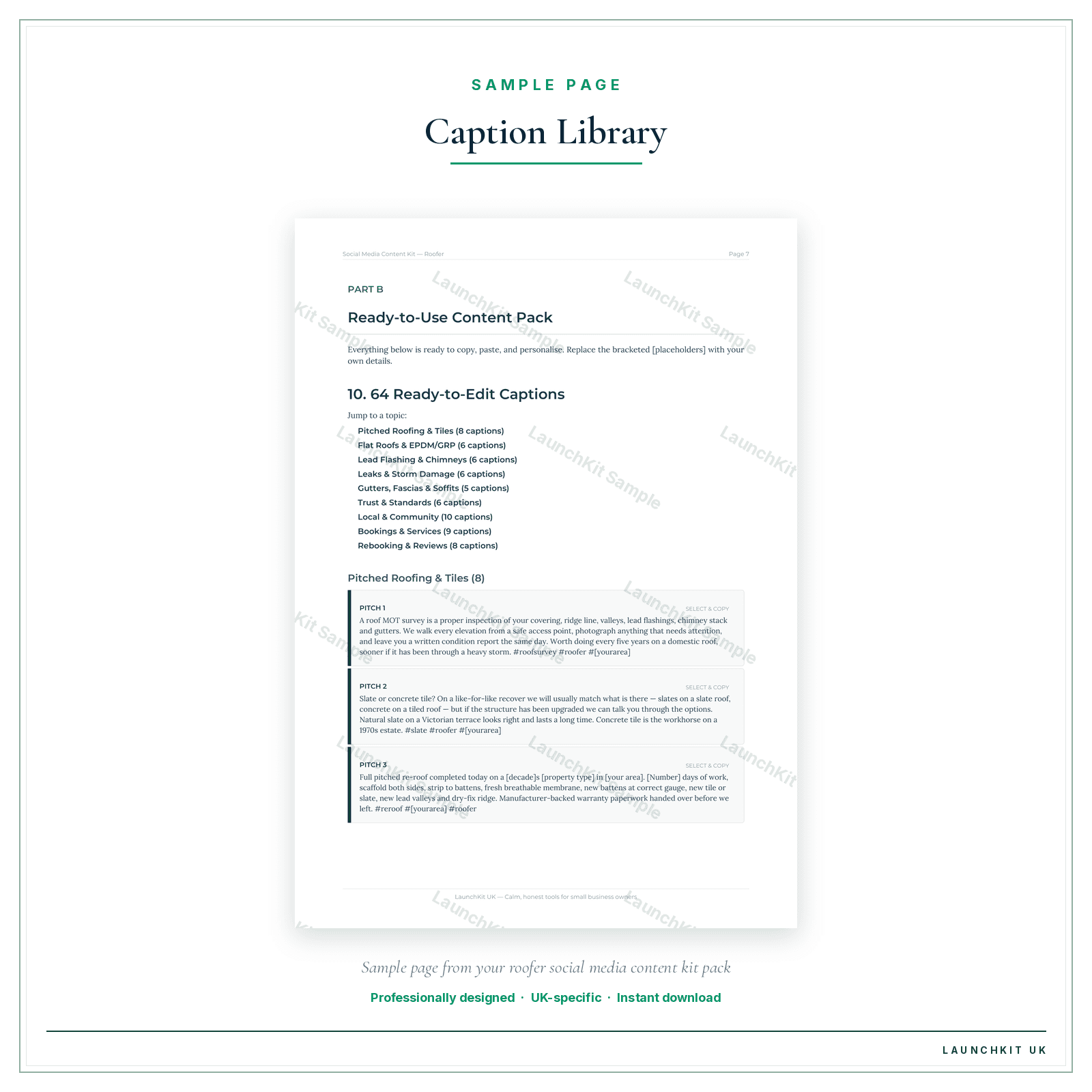Caption Library sample page from the Roofer Social Media Content Kit pack — watermarked LaunchKit Sample