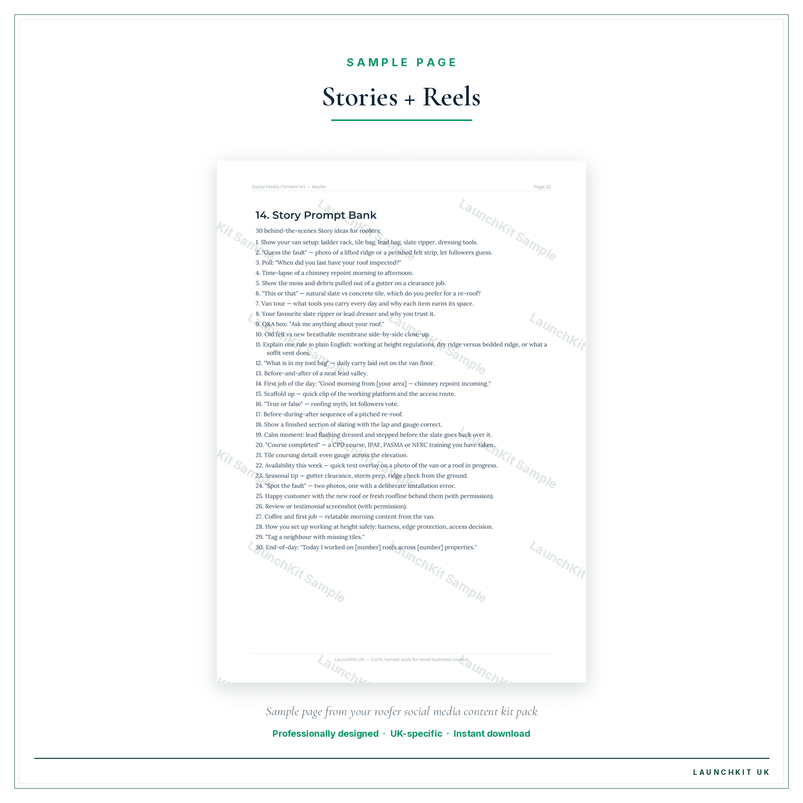 Stories + Reels sample page from the Roofer Social Media Content Kit pack — watermarked LaunchKit Sample