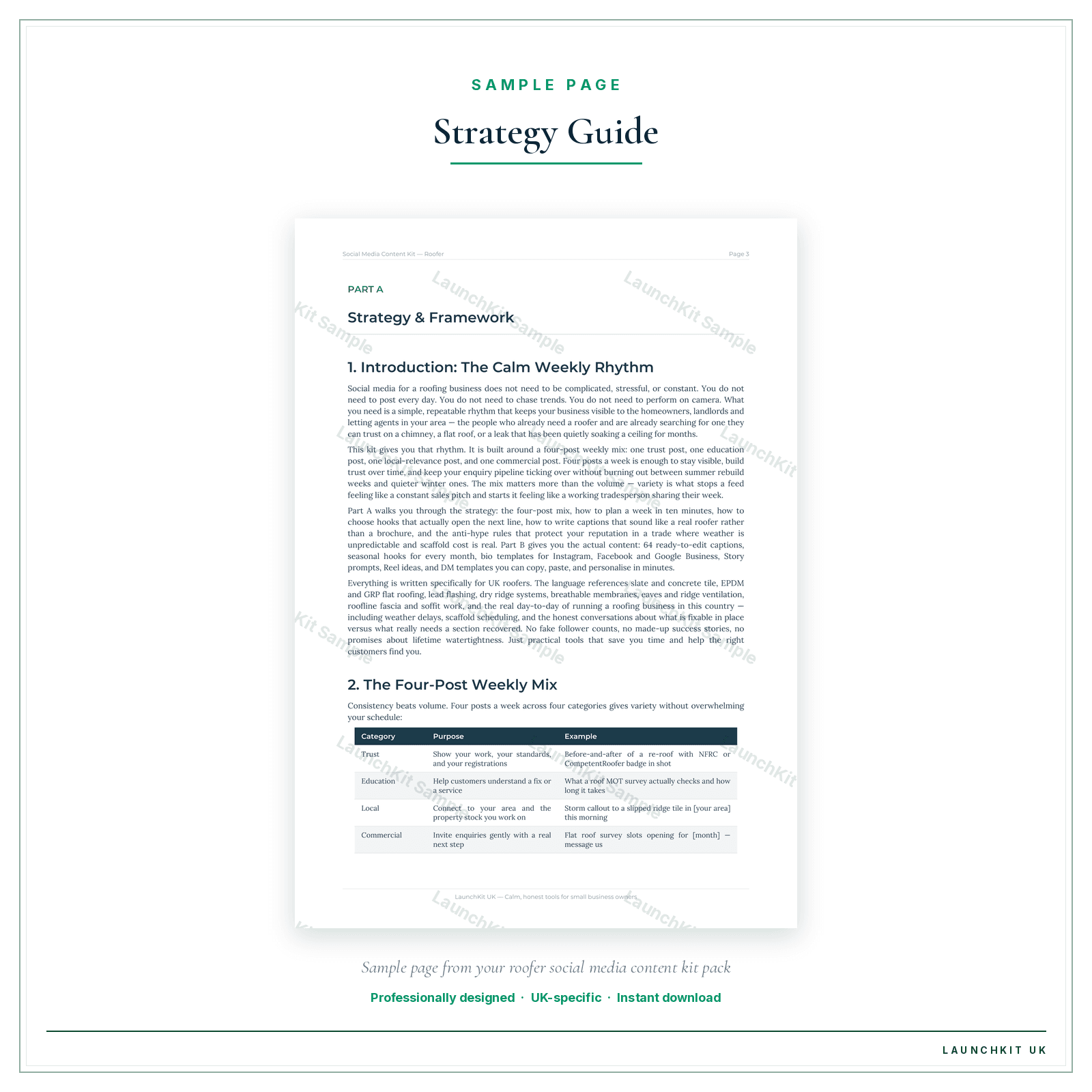 Strategy Guide sample page from the Roofer Social Media Content Kit pack — watermarked LaunchKit Sample