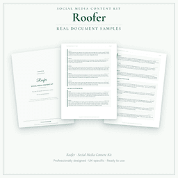 Roofer — Social Media Content Kit, PDF and editable DOCX sample pages