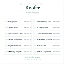 Roofer — Social Media Content Kit, PDF and editable DOCX what's included preview