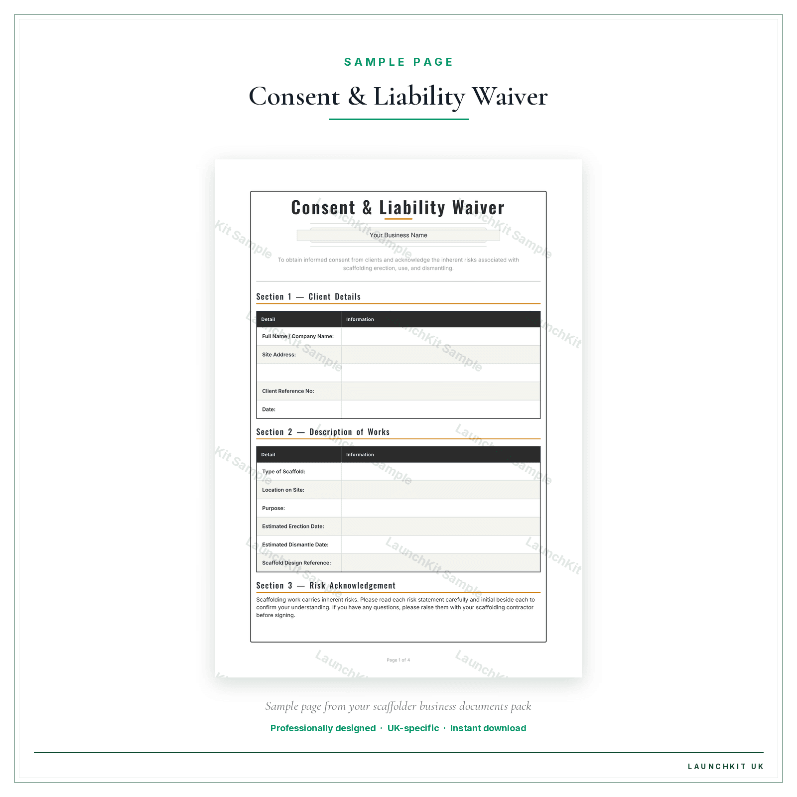 Consent & Liability Waiver sample page from the Scaffolder Business Documents — Premium pack — watermarked LaunchKit Sample