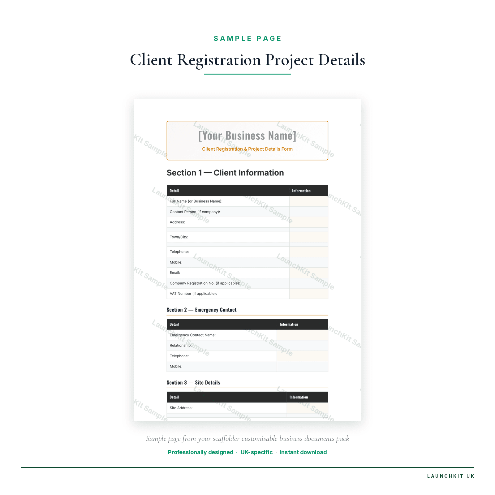 Client Registration & Project Details Form sample page from the Scaffolder Business Documents — Customisable pack — watermarked LaunchKit Sample