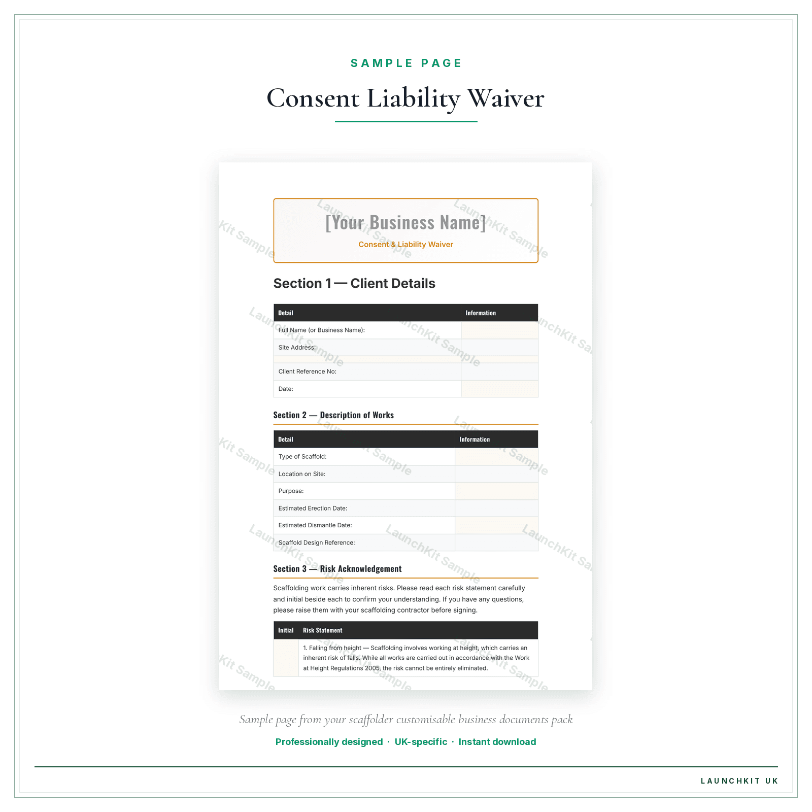 Consent & Liability Waiver sample page from the Scaffolder Business Documents — Customisable pack — watermarked LaunchKit Sample