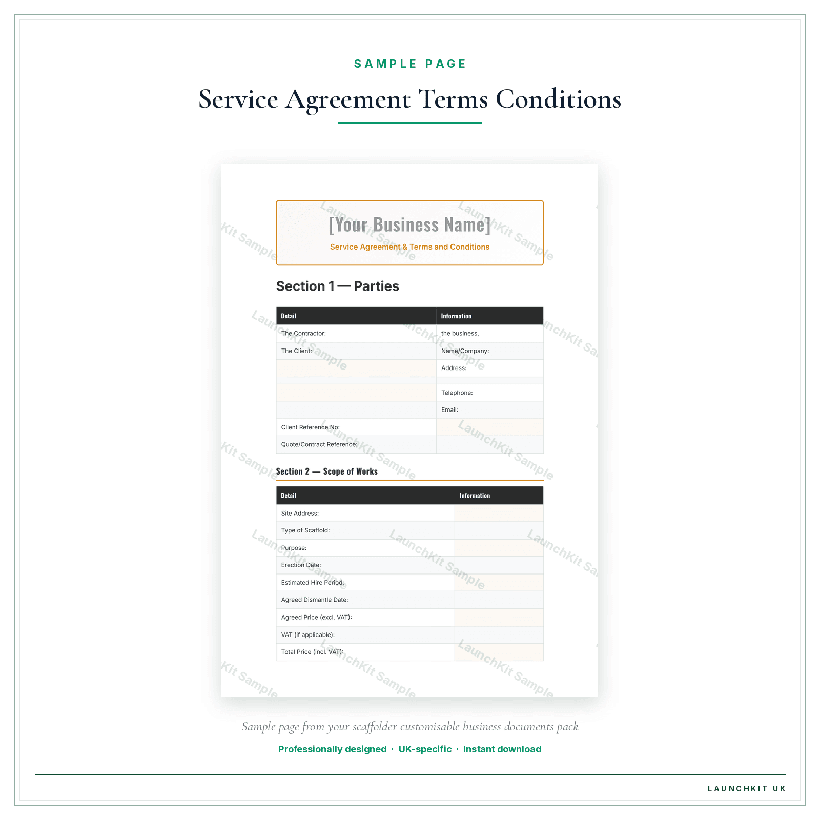Service Agreement & Terms and Conditions sample page from the Scaffolder Business Documents — Customisable pack — watermarked LaunchKit Sample